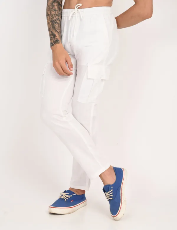 White_Premium_Linen_Solid_Cargo_For_Men
