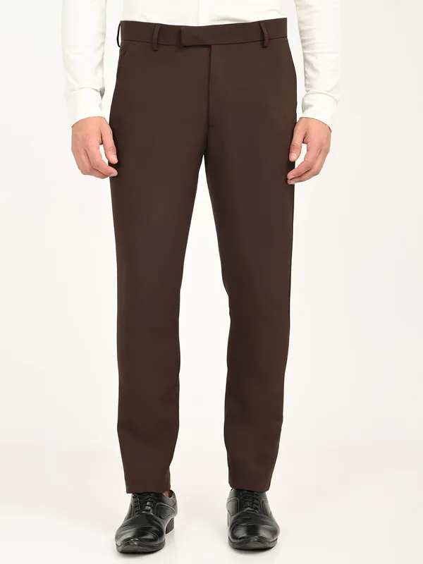 Brown_Premium_Lycra_Blend_Solid_Casual_Trousers_For_Men