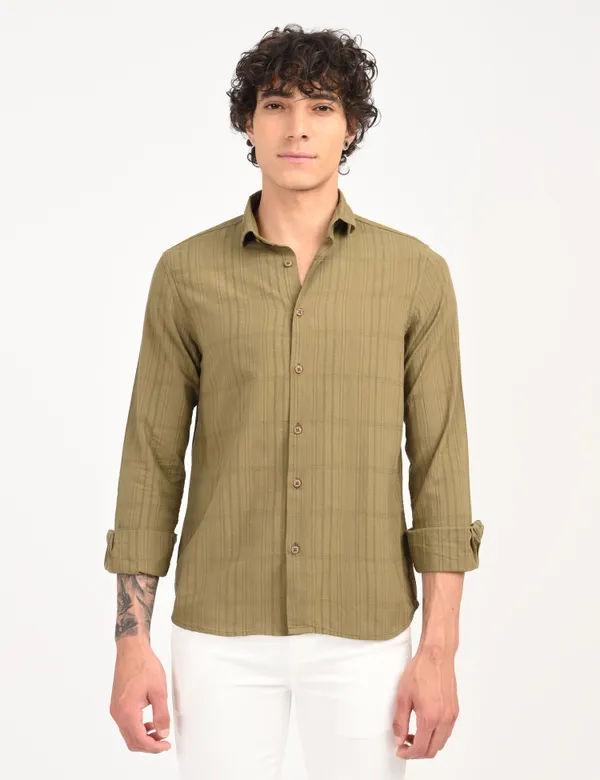 Dark_Green_Premium_Cotton_Blend_Self_Design_Shirt_For_Men