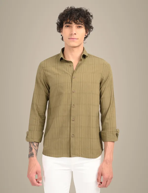 Dark_Green_Premium_Cotton_Blend_Self_Design_Shirt_For_Men