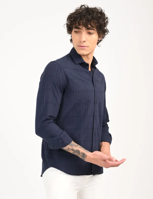 Dark_Blue_Premium_Cotton_Blend_Self_Design_Shirt_For_Men
