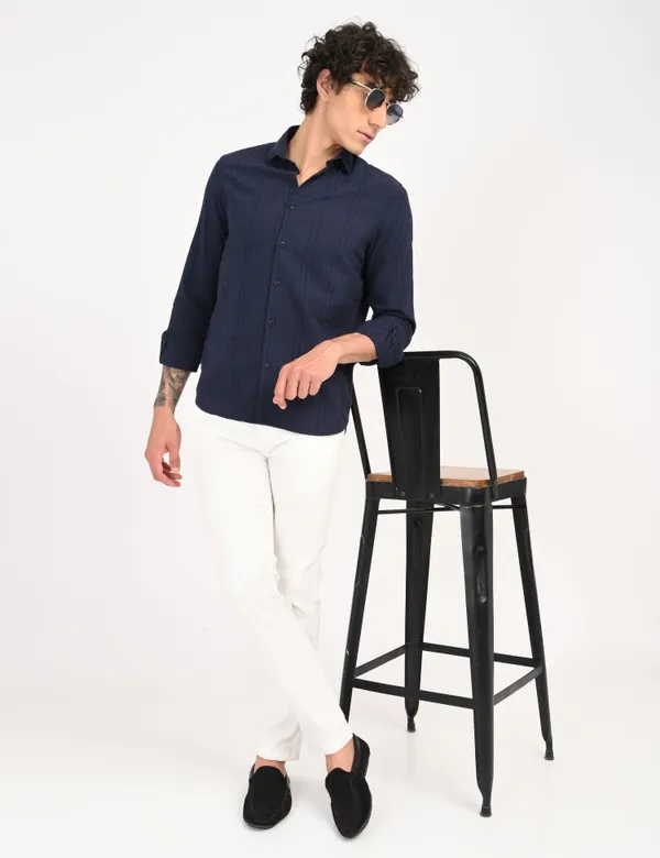 Dark_Blue_Premium_Cotton_Blend_Self_Design_Shirt_For_Men