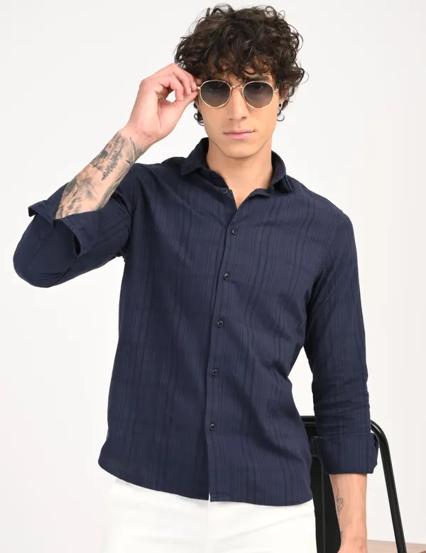 Dark_Blue_Premium_Cotton_Blend_Self_Design_Shirt_For_Men