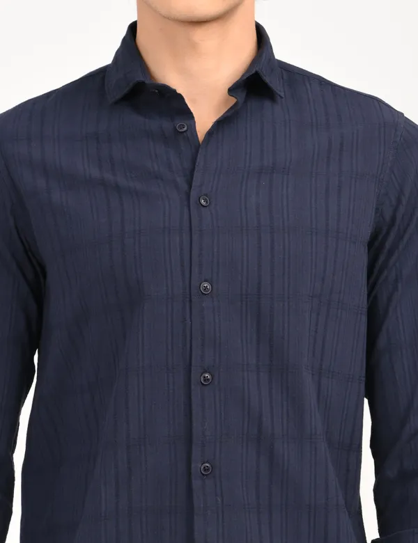 Dark_Blue_Premium_Cotton_Blend_Self_Design_Shirt_For_Men
