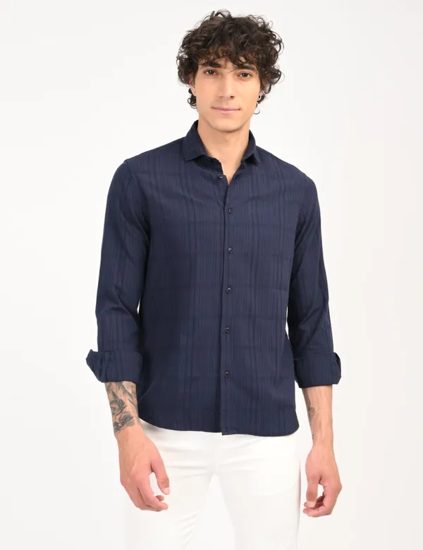 Dark_Blue_Premium_Cotton_Blend_Self_Design_Shirt_For_Men