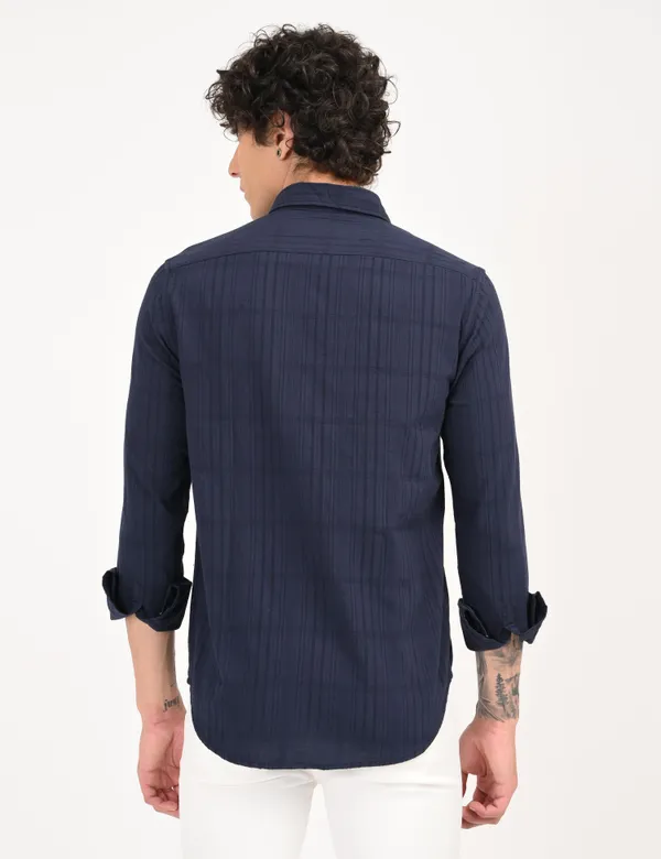 Dark_Blue_Premium_Cotton_Blend_Self_Design_Shirt_For_Men