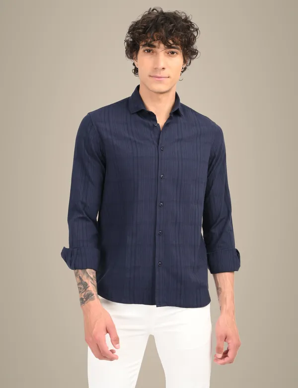 Dark_Blue_Premium_Cotton_Blend_Self_Design_Shirt_For_Men