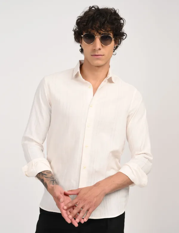 White_Premium_Cotton_Blend_Self_Design_Shirt_For_Men