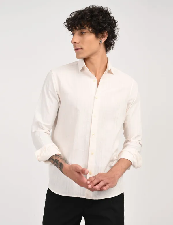 White_Premium_Cotton_Blend_Self_Design_Shirt_For_Men