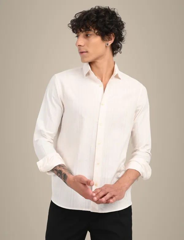 White_Premium_Cotton_Blend_Self_Design_Shirt_For_Men
