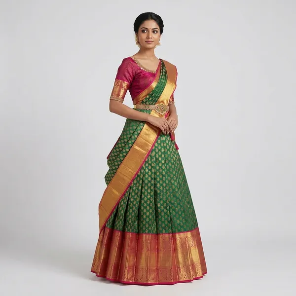 Red_And_Green_Elegant_Design_Banarasi_Silk_Half_Saree_For_Women
