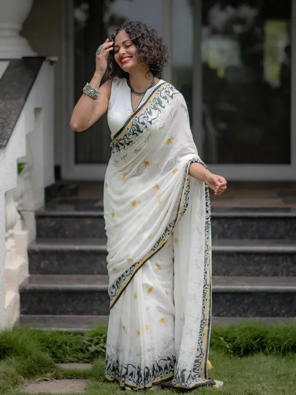 White_Elegant_Design_Linen_Saree_For_Women