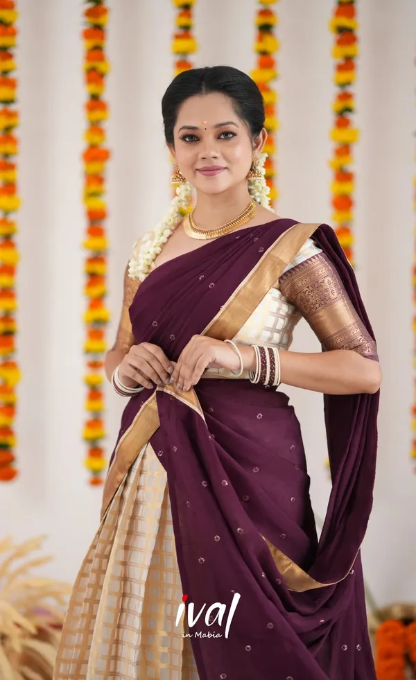 Beige_And_Purple_Elegant_Design_Embroidered_Silk_Blend_Half_Saree_For_Women