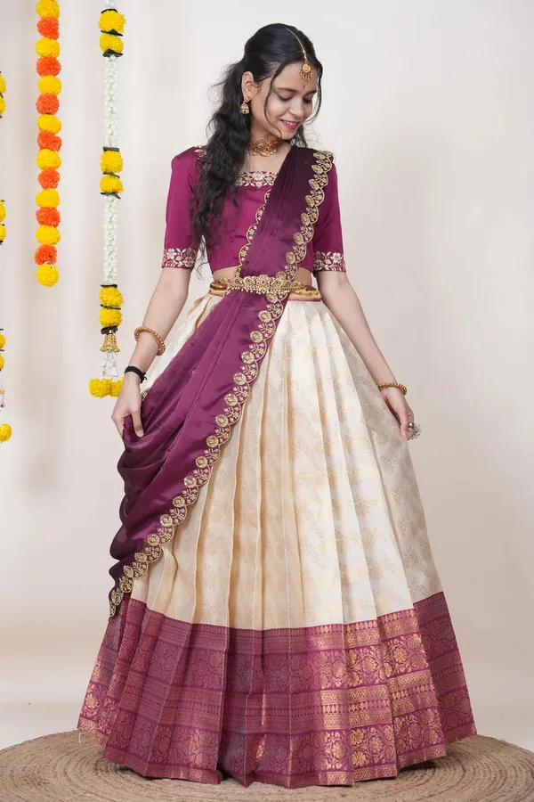 Cream_And_Magenta_Elegant_Design_Embroidered_Banarasi_Silk_Half_Saree_With_Dupatta_For_Women