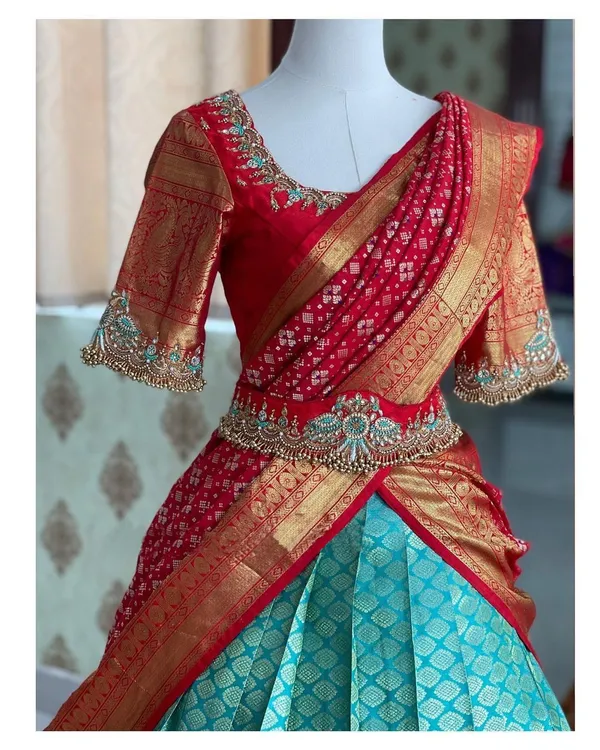 Turquoise_Blue_And_Red_Elegant_Design_Banarasi_Silk_Half_Saree_For_Women