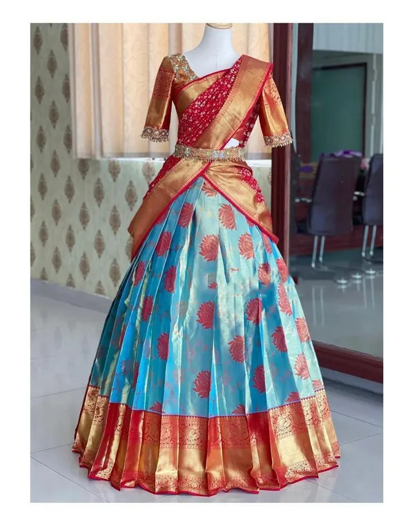 Red_And_Blue_Elegant_Design_Silk_Half_Saree_For_Women