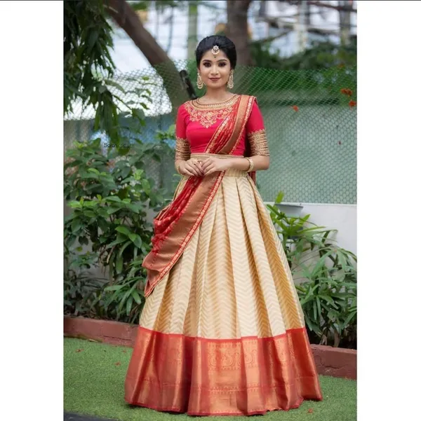 Cream_And_Red_Elegant_Design_Embroidered_Kanchipuram_Silk_Half_Saree_With_Dupatta_For_Women