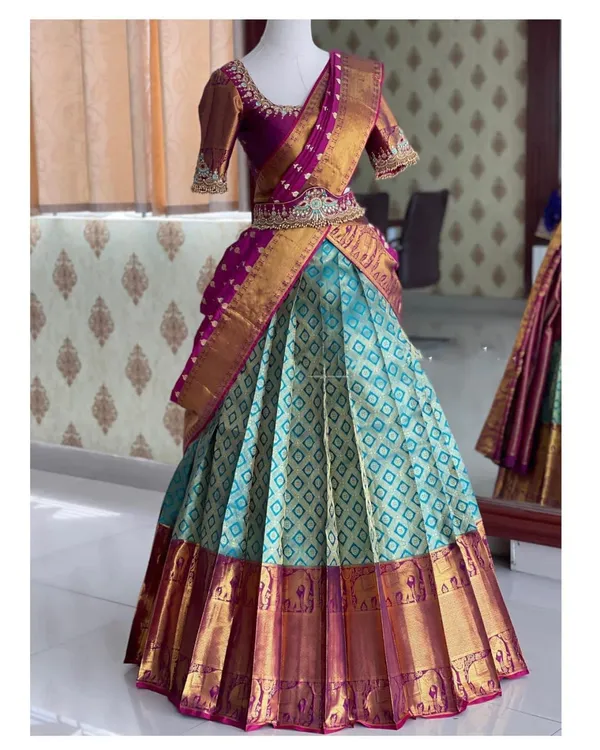 Green_And_Purple_Elegant_Design_Embellished_Kanchipuram_Silk_Half_Saree_With_Dupatta_For_Women