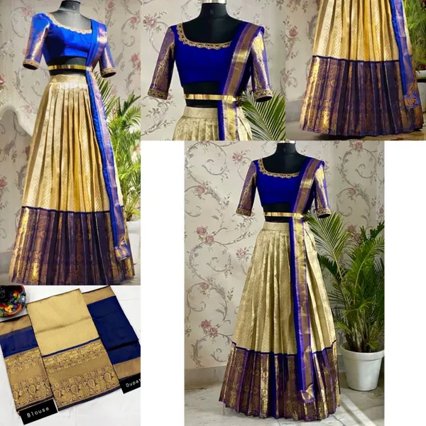 Royal_Blue_And_Gold_Elegant_Design_Silk_Half_Saree_With_Dupatta_For_Women