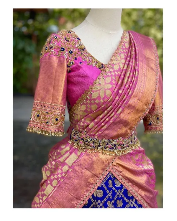 Blue_And_Pink_Elegant_Design_Embroidered_Banarasi_Brocade_Silk_Half_Saree_For_Women