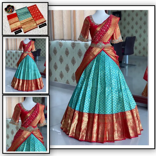 Turquoise_Blue_And_Red_Elegant_Design_Banarasi_Silk_Half_Saree_For_Women