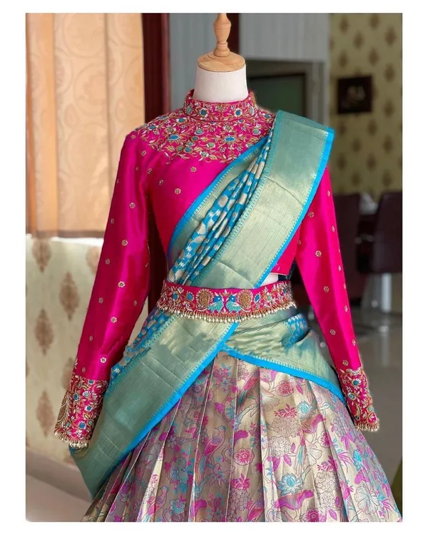 Blue_And_Pink_Elegant_Design_Embroidered_Silk_Half_Saree_With_Dupatta_For_Women