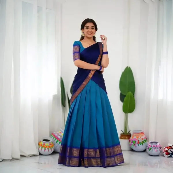 Teal_Blue_And_Purple_Elegant_Design_Banarasi_Silk_Half_Saree_For_Women