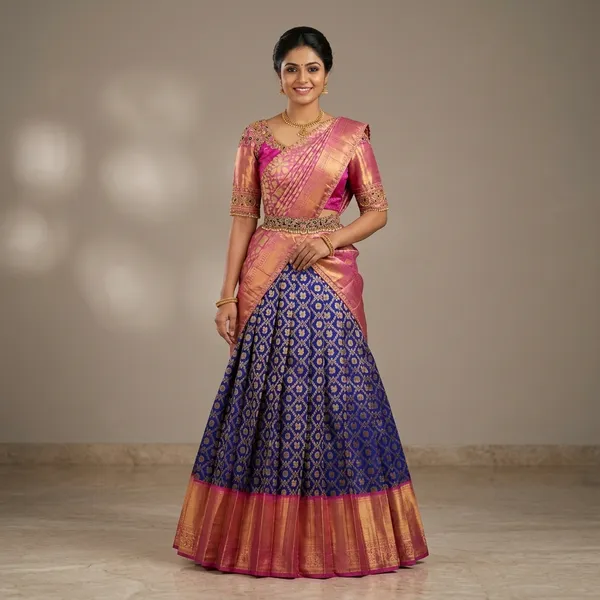 Blue_And_Pink_Elegant_Design_Embroidered_Banarasi_Brocade_Silk_Half_Saree_For_Women