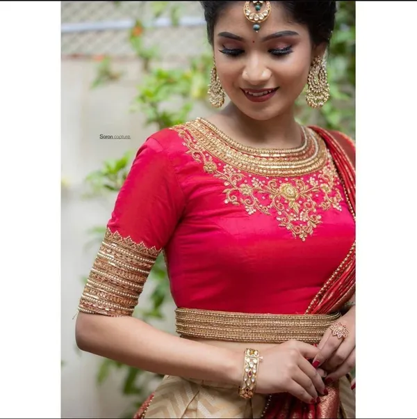 Cream_And_Red_Elegant_Design_Embroidered_Kanchipuram_Silk_Half_Saree_With_Dupatta_For_Women