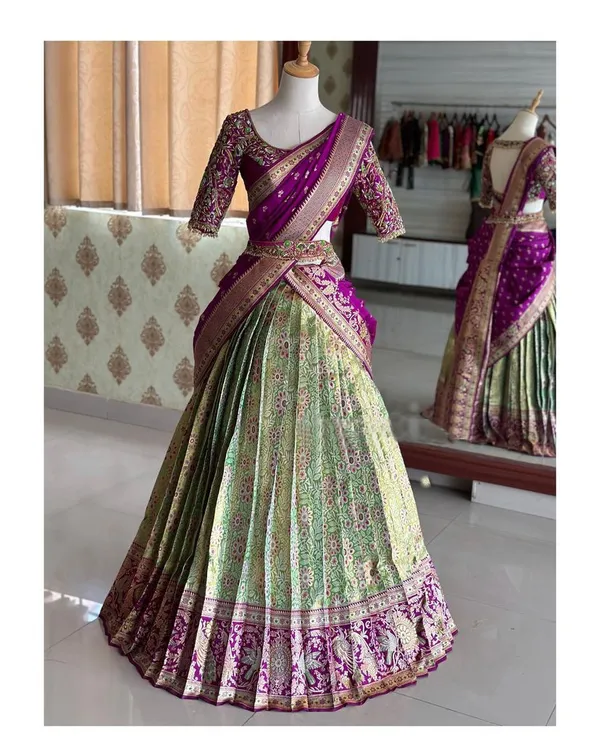 Green_And_Purple_Elegant_Design_Embroidered_Banarasi_Silk_Half_Saree_For_Women