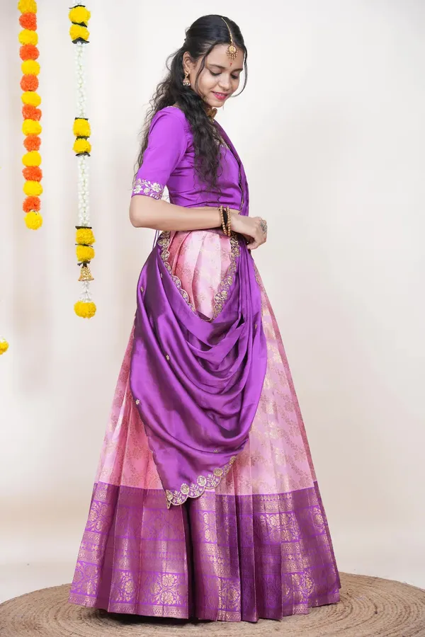 Pink_And_Purple_Elegant_Design_Embroidered_Banarasi_Silk_Half_Saree_With_Dupatta_For_Women