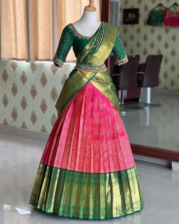 Pink_And_Green_Elegant_Design_Embellished_Silk_Half_Saree_With_Dupatta_For_Women