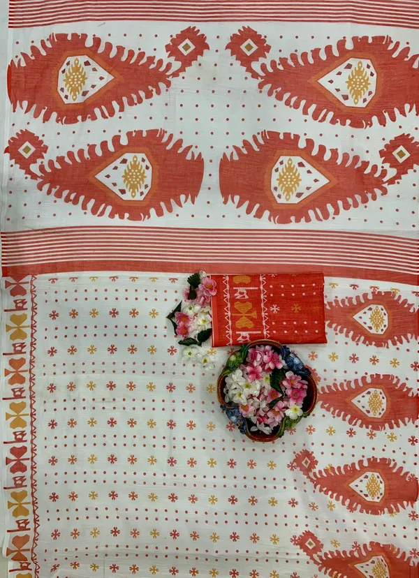 White_And_Red_Elegant_Design_Cotton_Saree_For_Women
