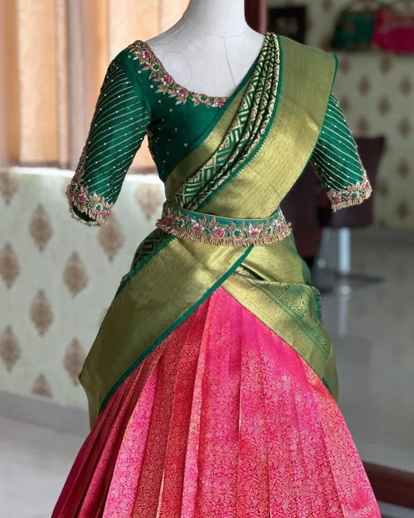 Pink_And_Green_Elegant_Design_Embellished_Silk_Half_Saree_With_Dupatta_For_Women