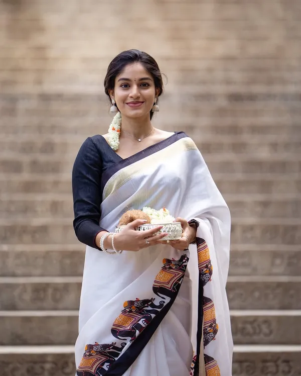 White_Elegant_Design_Linen_Blend_Saree_For_Women