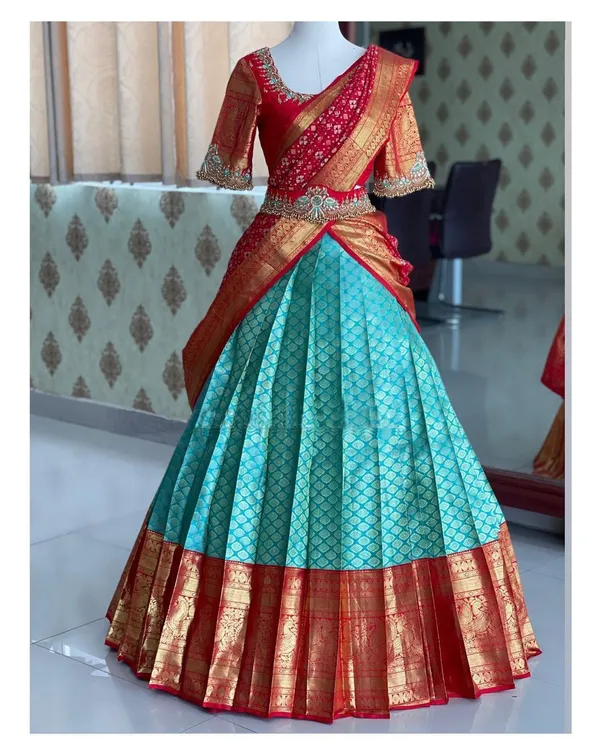 Turquoise_Blue_And_Red_Elegant_Design_Banarasi_Silk_Half_Saree_For_Women