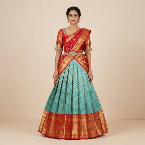 Turquoise_Blue_And_Red_Elegant_Design_Banarasi_Silk_Half_Saree_For_Women