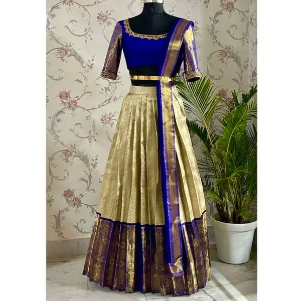 Royal_Blue_And_Gold_Elegant_Design_Silk_Half_Saree_With_Dupatta_For_Women