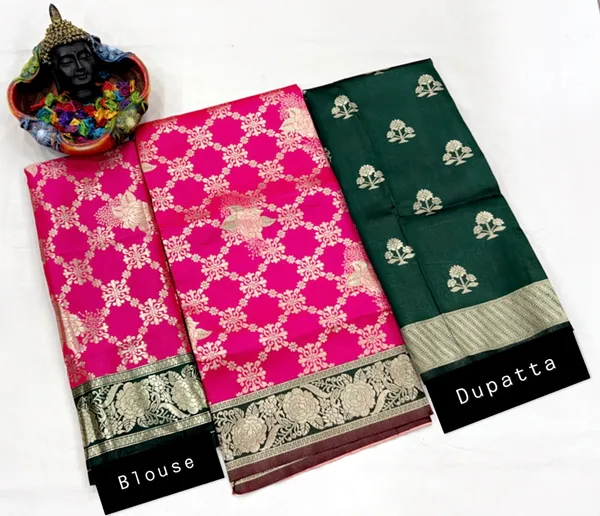 Pink_And_Green_Elegant_Design_Brocade_Silk_Half_Saree_With_Dupatta_For_Women