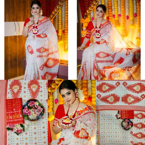 White_And_Red_Elegant_Design_Cotton_Saree_For_Women