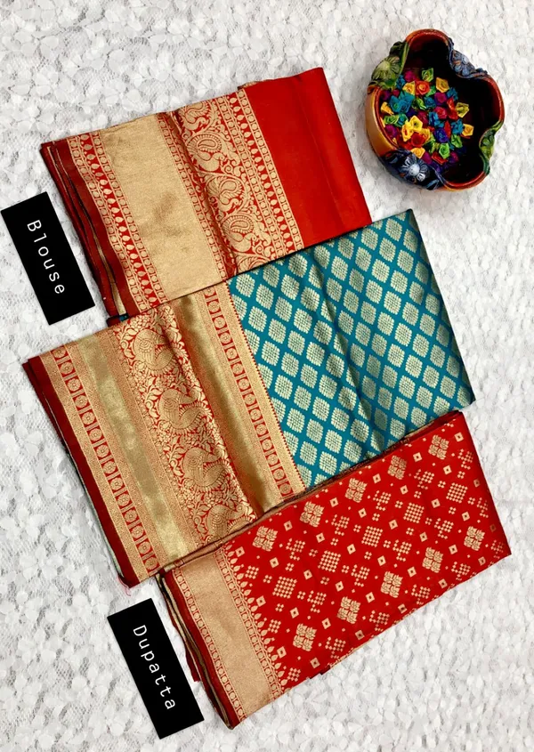 Turquoise_Blue_And_Red_Elegant_Design_Banarasi_Silk_Half_Saree_For_Women