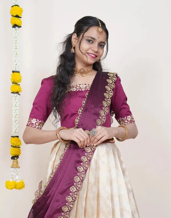 Cream_And_Magenta_Elegant_Design_Embroidered_Banarasi_Silk_Half_Saree_With_Dupatta_For_Women