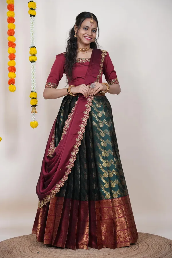 Maroon_And_Green_Elegant_Design_Embroidered_Silk_Half_Saree_With_Dupatta_For_Women