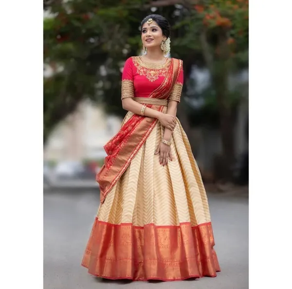 Cream_And_Red_Elegant_Design_Embroidered_Kanchipuram_Silk_Half_Saree_With_Dupatta_For_Women