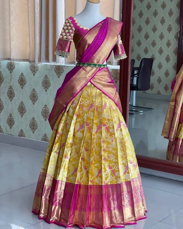 Yellow_And_Pink_Elegant_Design_Banarasi_Silk_Half_Saree_With_Dupatta_For_Women