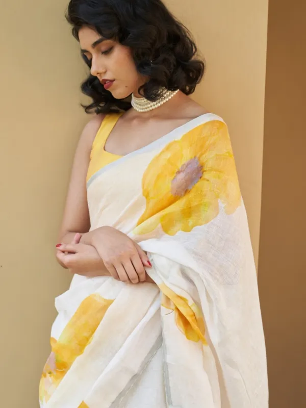 White_And_Yellow_Elegant_Design_Linen_Saree_For_Women
