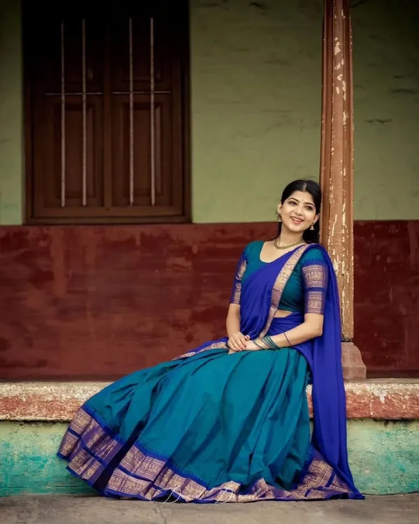 Teal_Blue_And_Purple_Elegant_Design_Banarasi_Silk_Half_Saree_For_Women