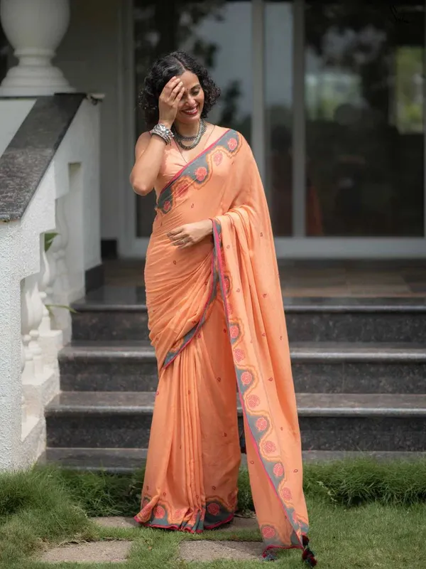 Peach_Elegant_Design_Embroidered_Organza_Saree_For_Women