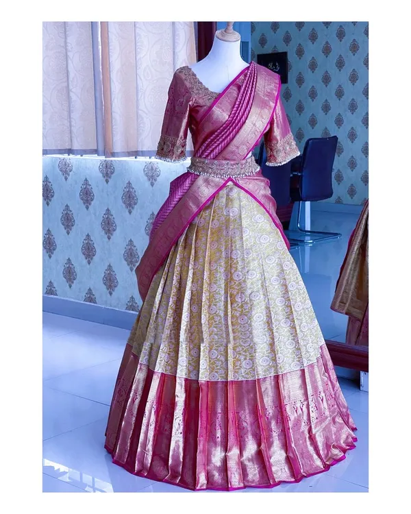 Pink_And_Cream_Elegant_Design_Embroidered_Banarasi_Silk_Half_Saree_With_Dupatta_For_Women