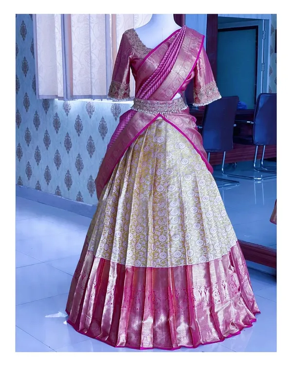 Pink_And_Cream_Elegant_Design_Embroidered_Banarasi_Silk_Half_Saree_With_Dupatta_For_Women